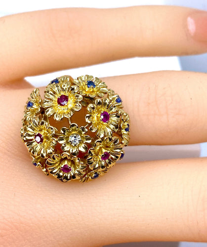 Anello - Anello multifiori in oro giallo e zaffiri, rubini, diamanti 