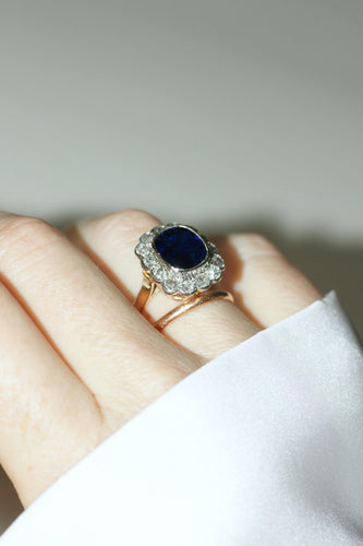 Bague 54 Bague Pompadour Art Déco or, Saphir Siam Non Chauffé et Diamants 58 Facettes
