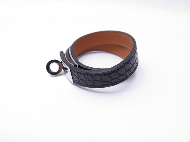 Bracelet bracelet HERMES kelly double tour cuir alligator crocodile noir 58 Facettes 260099