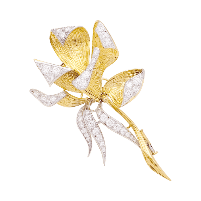 Spilla vintage, "Iris", oro giallo, platino, diamanti.