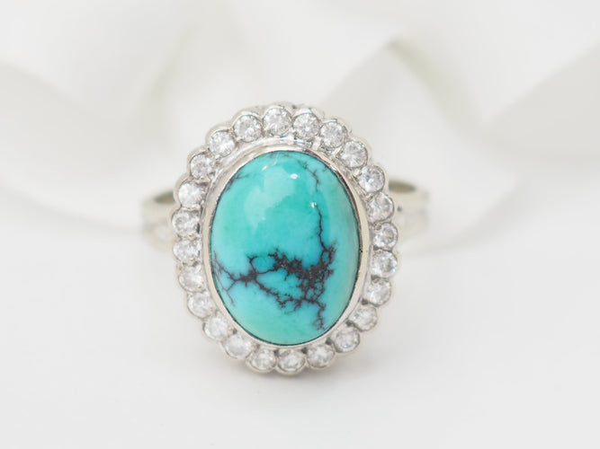 Bague 56 Bague pompadour en or blanc, diamants et Turquoise en cabochon 58 Facettes 33204