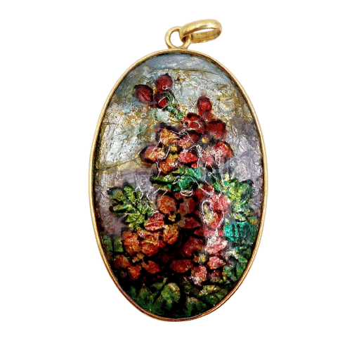 Pendentif Pendentif Art Nouveau or jaune, plaque émaillée fleurs (circa 1910) 58 Facettes A06385