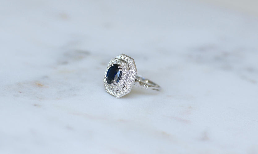 Bague 56.5 Bague Octogonale Saphir et Diamants Style Art Déco 58 Facettes