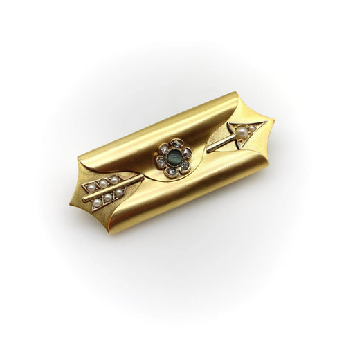 Broche médaillon de deuil en forme d'enveloppe dorée avec flèche 58 Facettes