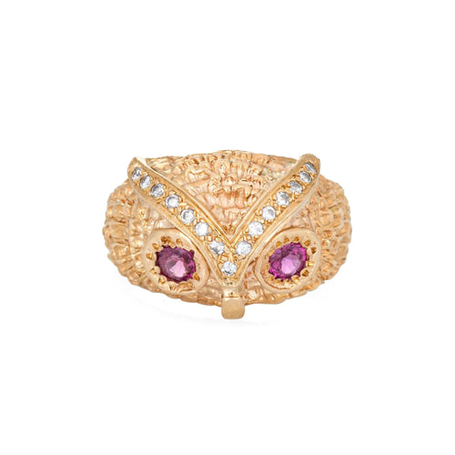 Bague Diamond Owl Ring Vintage 14k Yellow Gold Ruby Eyes Fine Jewelry Sz 7.5 58 Facettes G10213