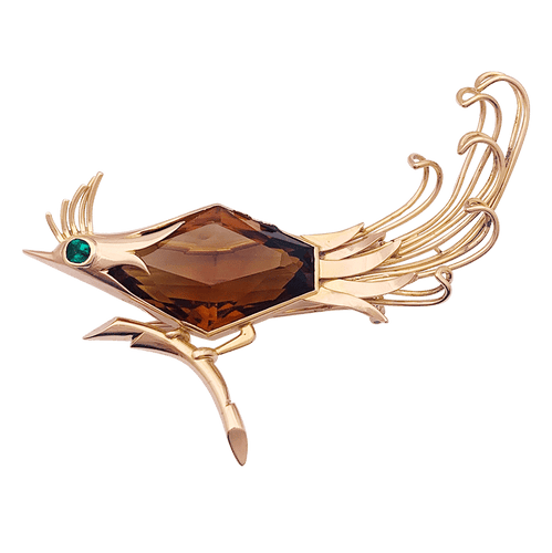 Broche Broche vintage, "Oiseau de Paradis", or rose, citrine, émeraude. 58 Facettes 34097
