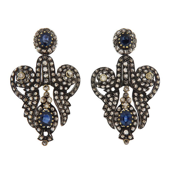 Earrings in yellow gold and silver with sapphires and diamonds
