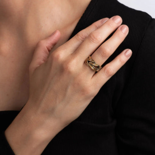 Bague Vintage Diamond Leaves Band Sz 6.75 Ring 9mm 14k Yellow Gold Wide Leaf Jewelry 58 Facettes G12840