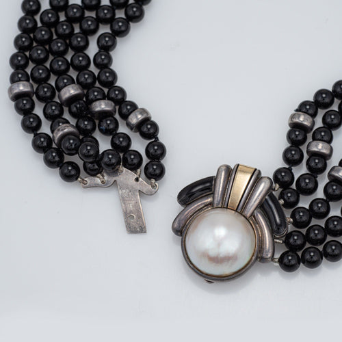 CARTIER - Vintage 70s necklace Onyx Choker Sterling Silver and Yellow Gold Mabe Pearl 58 Facettes G14110