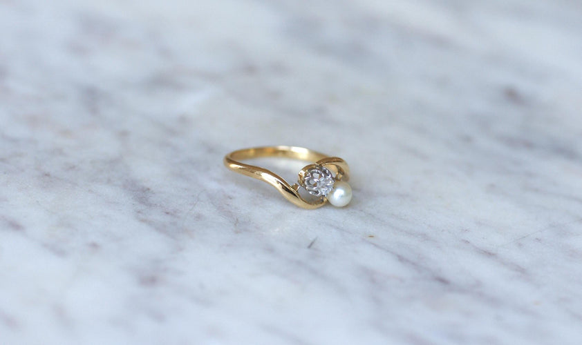 Bague 53.5 Bague Toi et Moi en Or Jaune Platine Perle et Diamant 58 Facettes