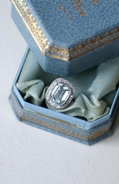 Ring Art Deco white gold, platinum, aquamarine, diamonds