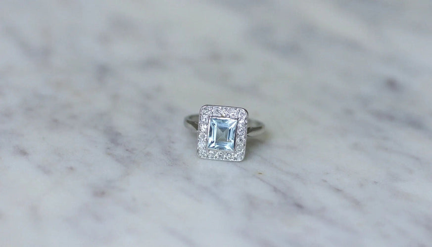 Bague 51 Bague Art Déco Aigue-Marine et Diamants 58 Facettes