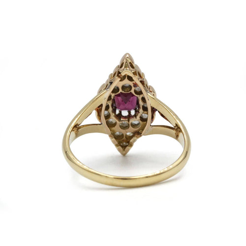 Bague 55 Bague marquise ancienne en or jaune 750, diamants taille rose et rubis 58 Facettes SA002