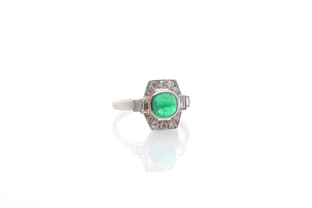 Art deco Colombian cabochon emerald and diamond ring