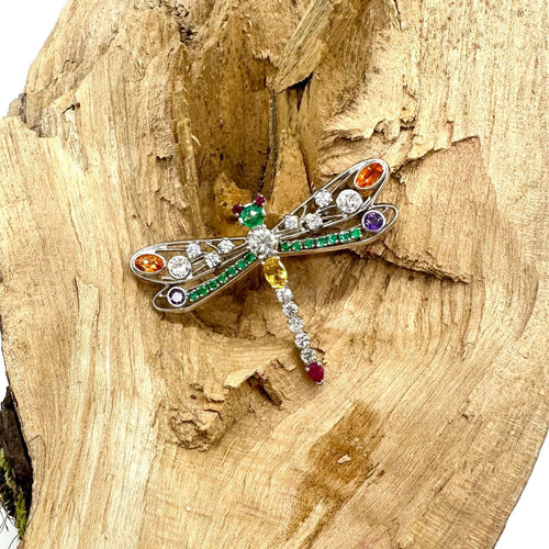 Libellen-Brosche aus Weißgold, Edelsteine und Diamanten 