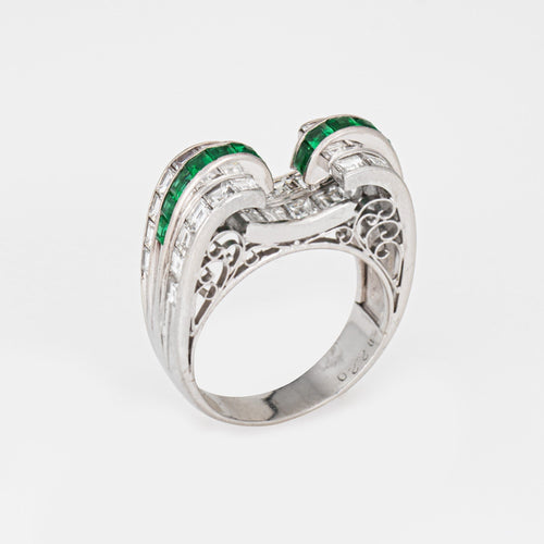 Bague 52 Bague vintage en platine avec émeraude et diamants 58 Facettes G14007