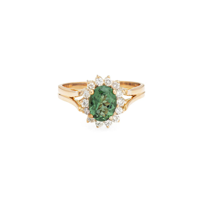 Green Tourmaline Diamond Ring Vintage Gold Princess Gemstone Engagement Ring