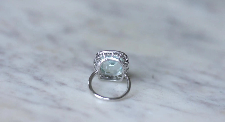 Bague 49.5 Bague Art Déco or blanc, platine, aigue-marine, diamants 58 Facettes
