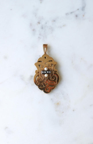 Pendentif Médaillon Broche Arabesques Ancien Perles Fines et Diamants Or Rose 58 Facettes