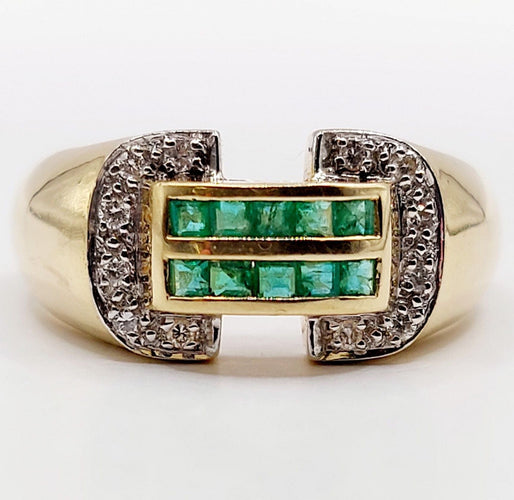 Bague 59 Bague Tank style Art Déco or jaune, émeraudes calibrées et diamants 58 Facettes A05364