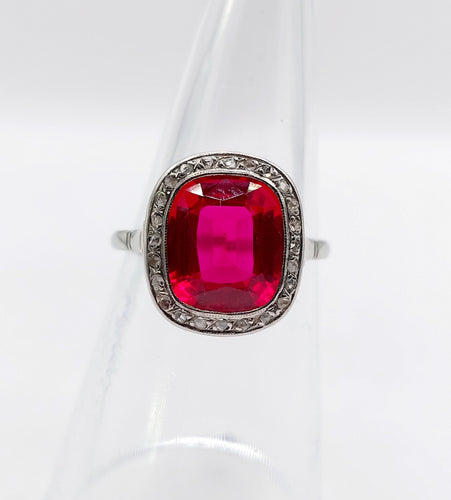 Ring Art Deco white gold, synthetic ruby and rose-cut diamonds (circa 1930) 