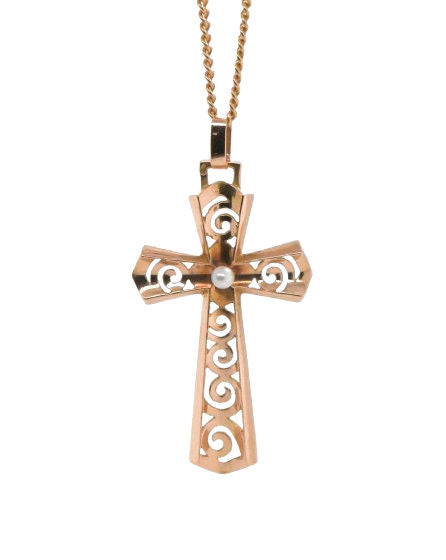 Openwork Cross in Gold Embellished with a Pearl
