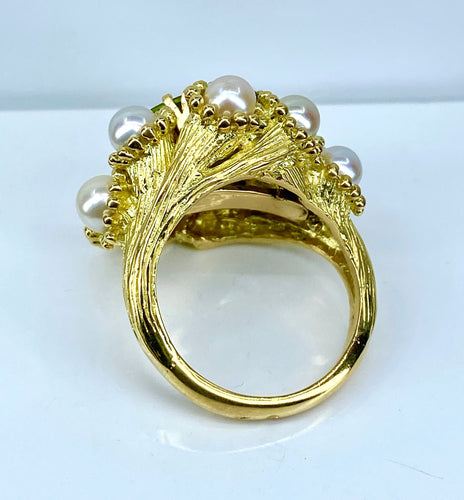 Bague 52 Bague coktail en or jaune 18 carats, péridot 3,98 ct et 9 perles 58 Facettes AB571