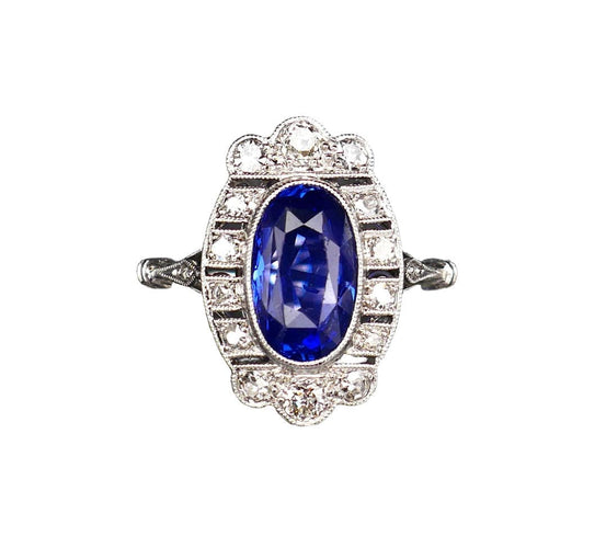 Bague 55 Bague Art Déco en or blanc, saphir naturel et diamants 58 Facettes B59-04