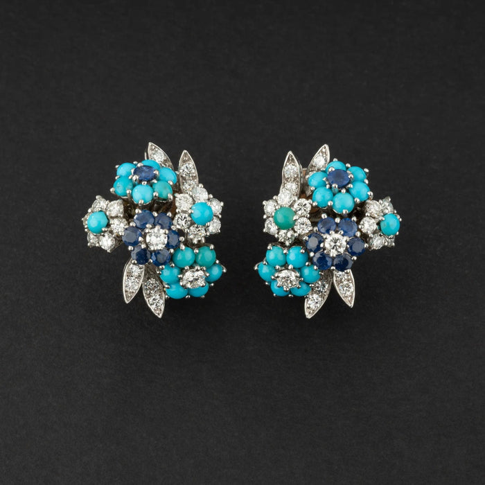 Boucles d'oreilles Alfred HANNE - Boucles d'oreilles Vintage or, platine, diamants, saphirs et turquoises 58 Facettes