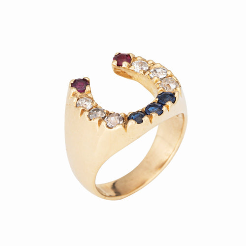 Bague 59 Bague fer à cheval vintage en diamant et or avec pierres précieuses, bijou porte-bonheur 58 Facettes G14035