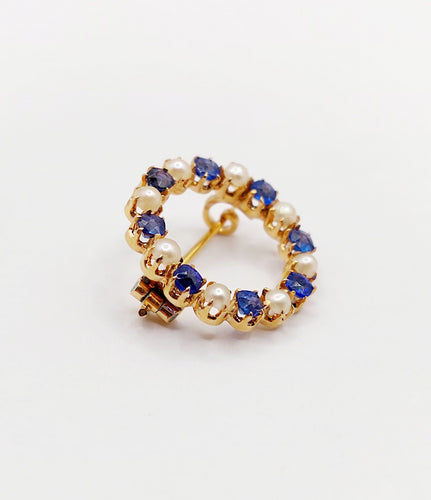 18k黄金古董胸针，镶有珍珠和蓝色宝石 