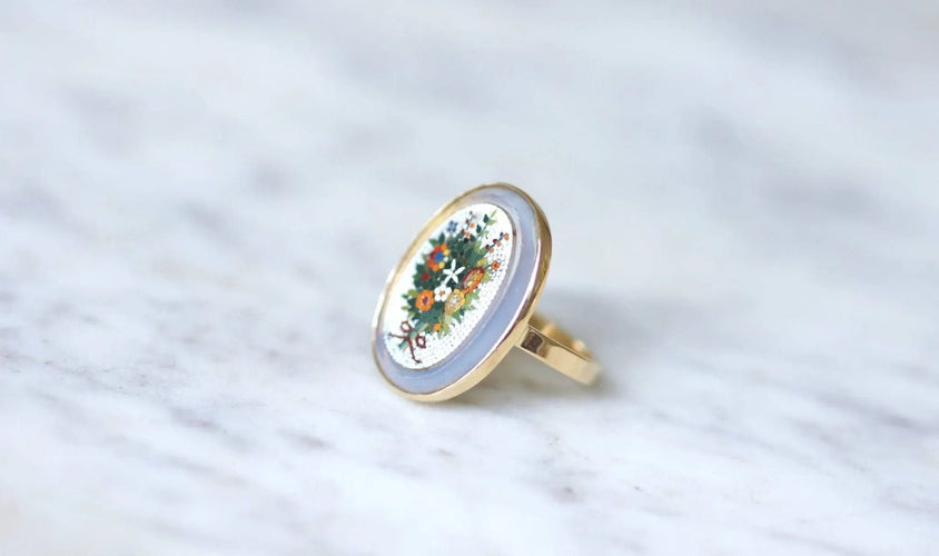Bague 55 Bague micro mosaïque bouquet fleur or jaune 58 Facettes