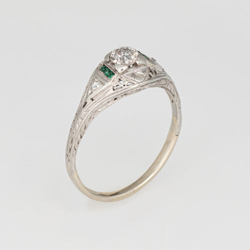 Bague 56 Bague Art déco vintage en or blanc 14 carats avec diamants et émeraude 58 Facettes G13877