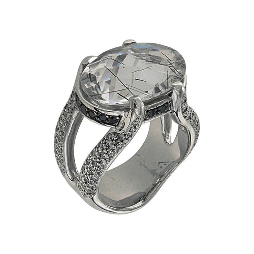 Bague 53 Bague en or blanc, quartz cristal de roche et diamants naturels 58 Facettes AG-20X1183