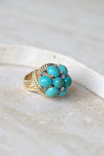 Bague 54 Bague Cocktail Turquoises et Diamants sur Or Jaune 58 Facettes