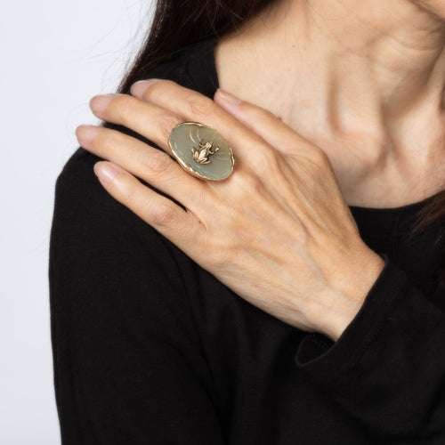 Bague Bague grenouille sur nénuphar vintage en or jaune 14k et agate 58 Facettes G14173