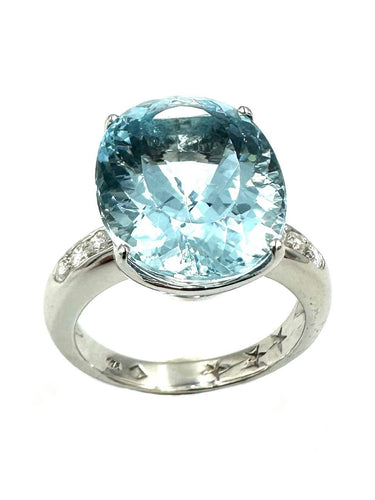 Bague 57 STERN. Bague or blanc 18K, aigue-marine et diamants 58 Facettes