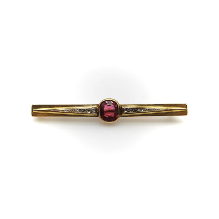 French gold brooch with bezel-set tourmaline and diamonds