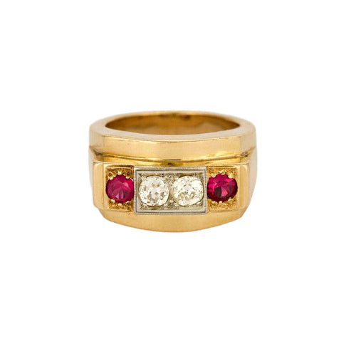 Bague 55,5 Bague tank or jaune et gris, diamants et rubis de synthèse 58 Facettes ALE42292