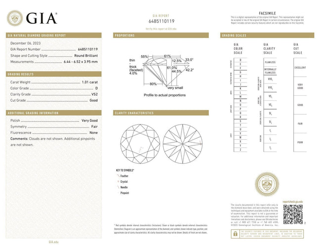 DIAMANT NATUREL TAILLE BRILLANT 1,01 CT D-VS2 58 Facettes D360718LF