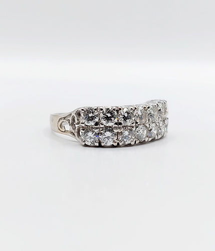 Bague 57.5 Bague jarretière vintage or blanc 18k et 1,40 carats de diamants en rivière 58 Facettes A06180