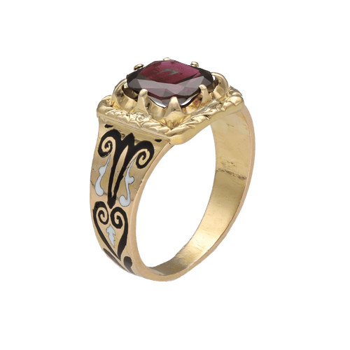 Bague 54 Bague chevaliere Napoleon III en or jaune 18K avec email et grenat - Taille 54 58 Facettes FB10425