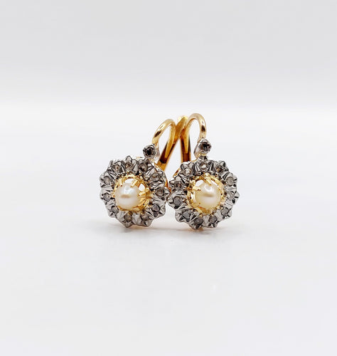 Kolczyki angielskie Stokrotka antyczny pierścionek z żółtego złota z perłą i diamentami w szlifie rozetowym (około 1900) 