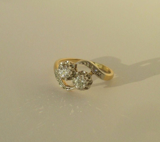 Bague 51.5 Bague Toi et Moi ancienne en or jaune 18k et platine, diamants 58 Facettes