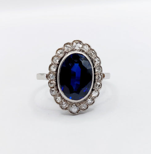 Bague 56.5 Bague marguerite antique, Platine, saphir synthétique et diamants taille roses (circa 1910) pompadour 58 Facettes A05897