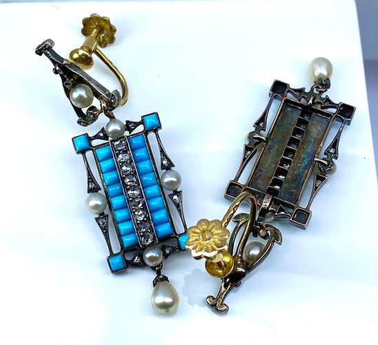 Boucles d'oreilles Boucles d’oreilles or jaune et argent, turquoises, diamants, perles fines, vers 1880 58 Facettes AB543