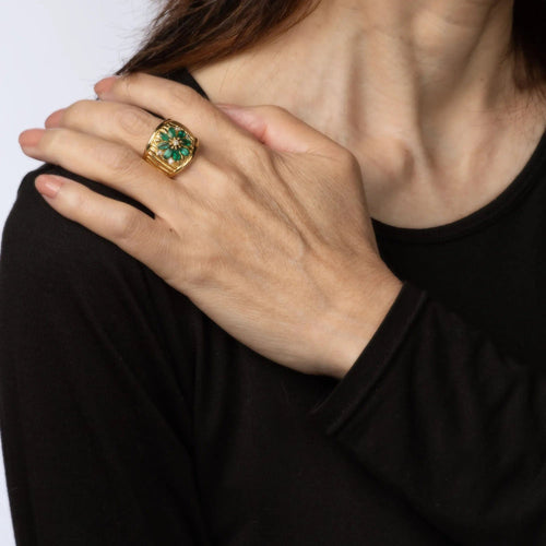 Bague Emerald Diamond Cigar Ring Vintage 18k Yellow Gold Sz 9 Band Flower Jewelry 58 Facettes G13496