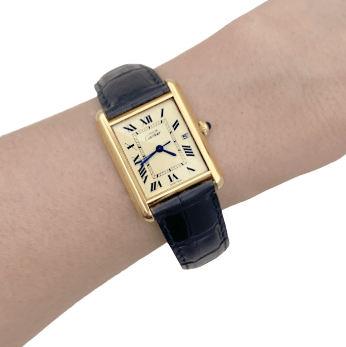 Orologio Cartier, "Dovere Cartier", placcato oro e argento, pelle.