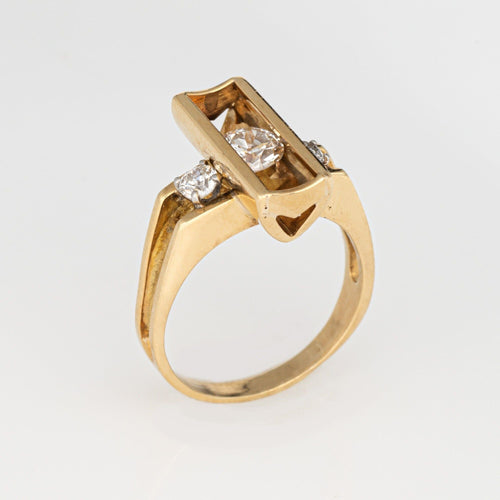 Bague 56 Bague diamant mobile vintage des années 70 en or jaune 18 carats, taille 5,75, bijou géométrique 58 Facettes G13880