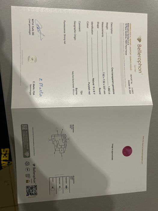 Gemstone Certificat Rubis 1.88cts chauffé de Birmanie Bellerophon 58 Facettes 478